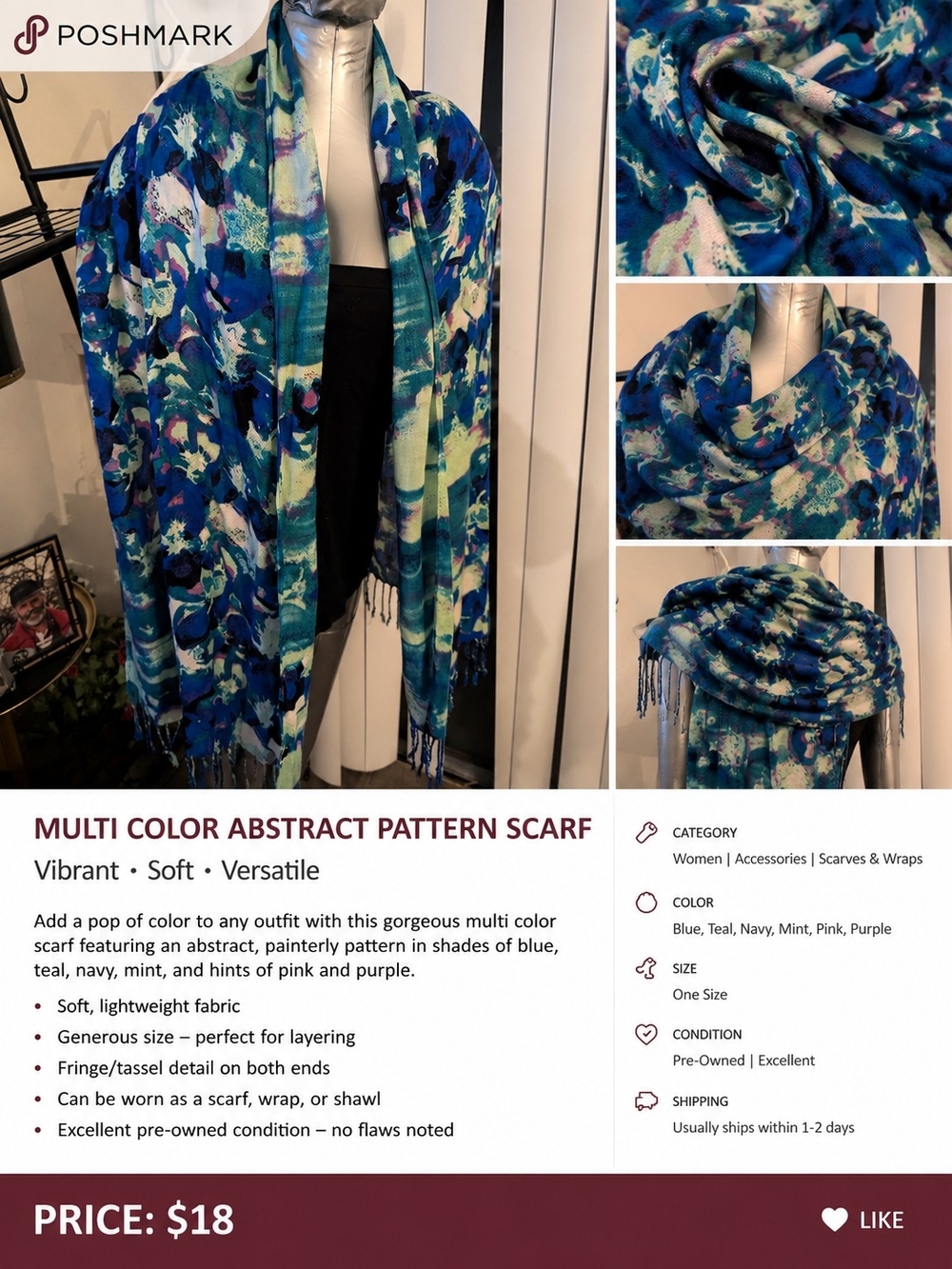 Abstract Watercolor Blue Teal Scarf